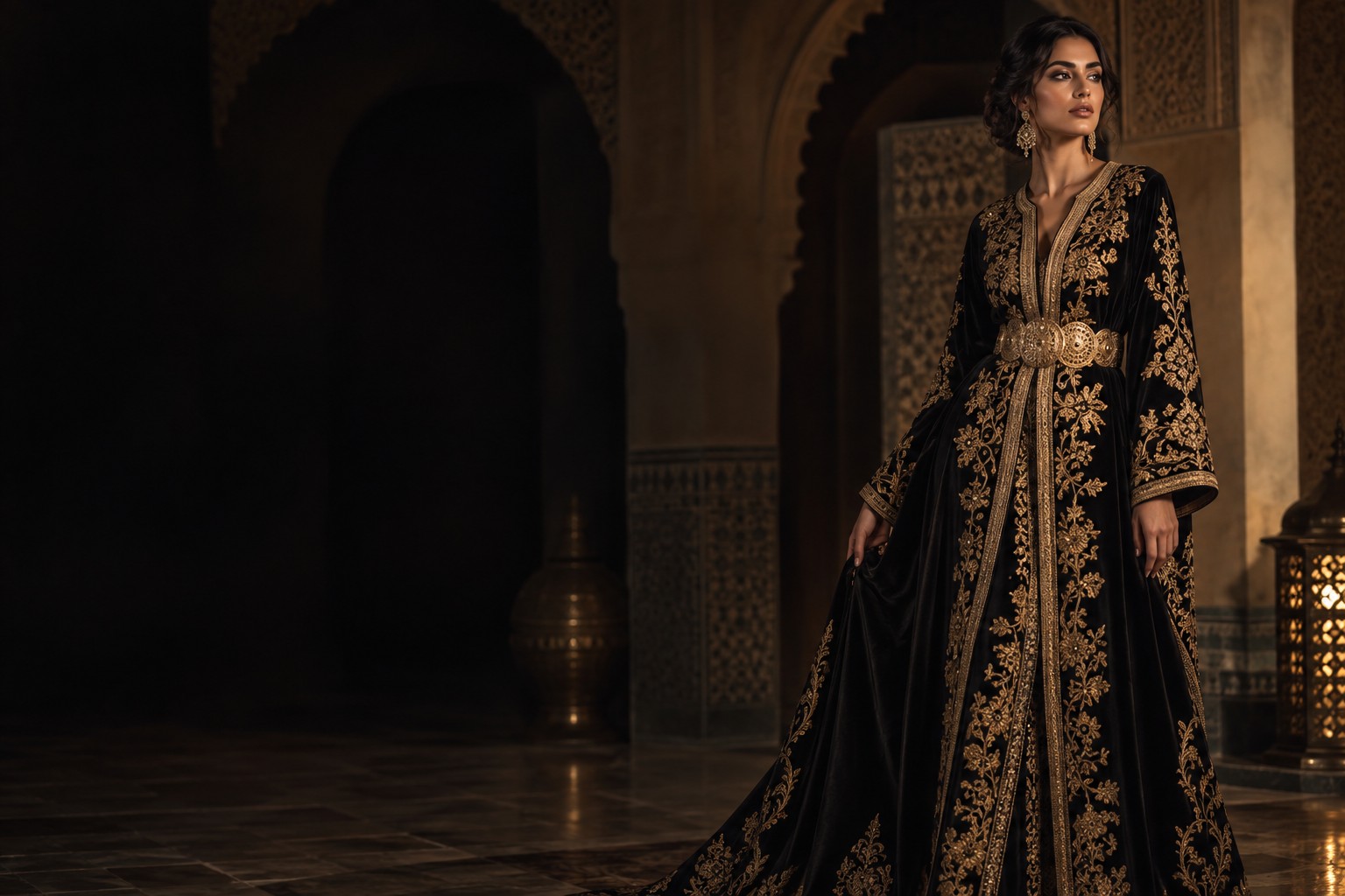 Illustration: a black caftan with gold embroidery in a Moroccan setting